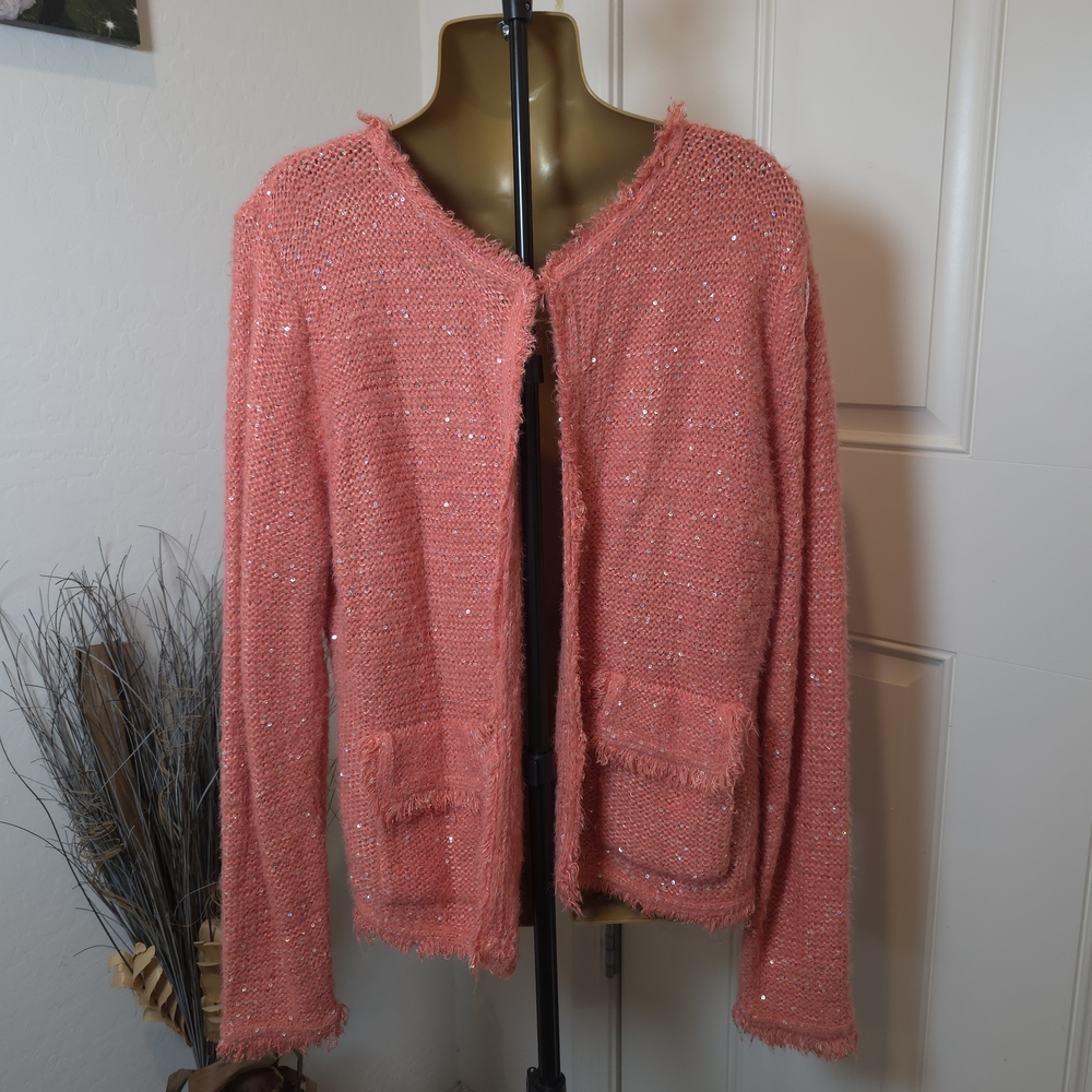 Sioni Women’s Long Sleeve Open Cardigan Sweater XL Coral Pink Fuzzy Sequins